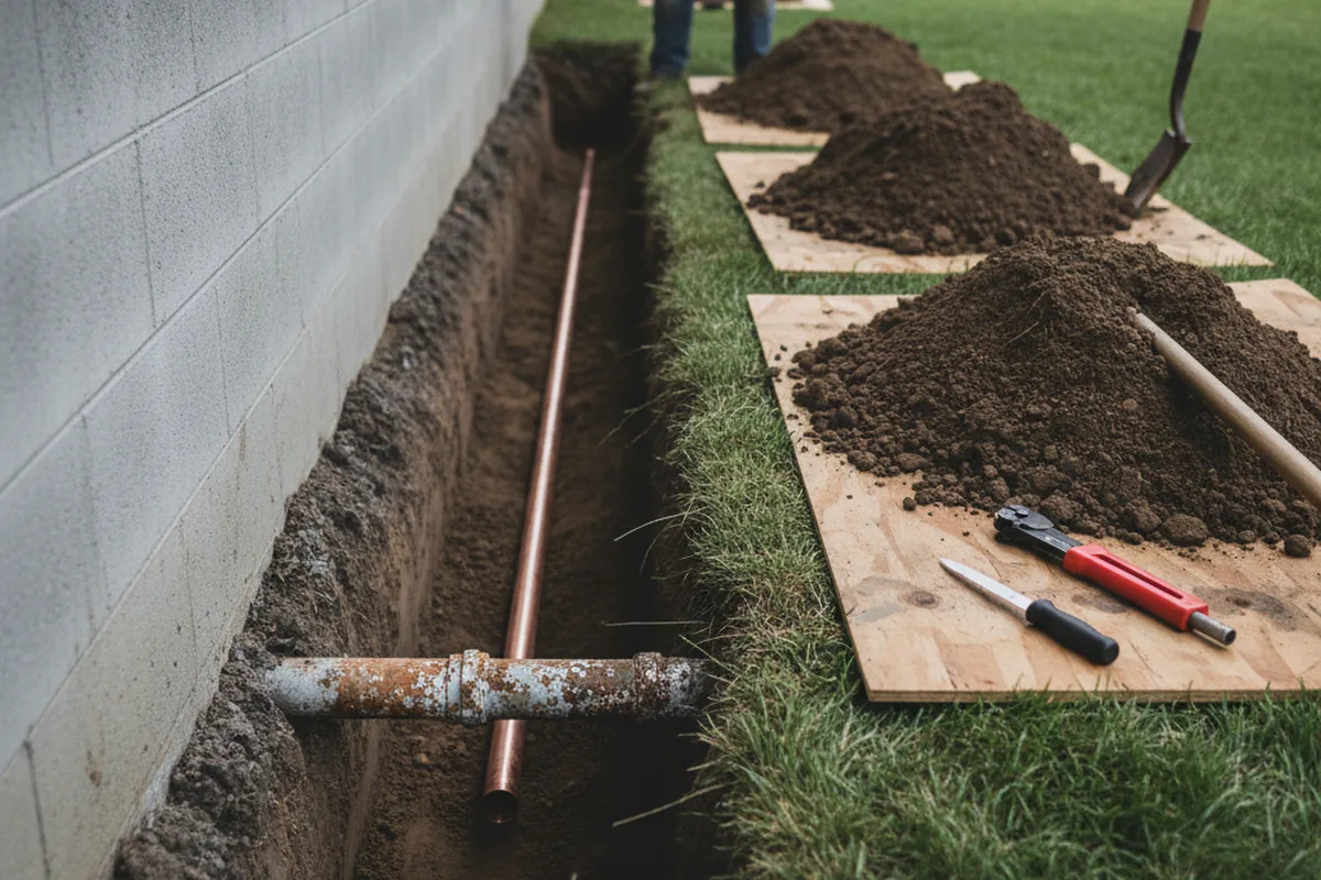 Excavated water line trench during Water Softener Installation in Highland Park